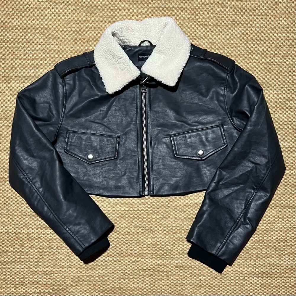 Pretty Little Thing Dark Gray Faux Leather Cropped Jacket